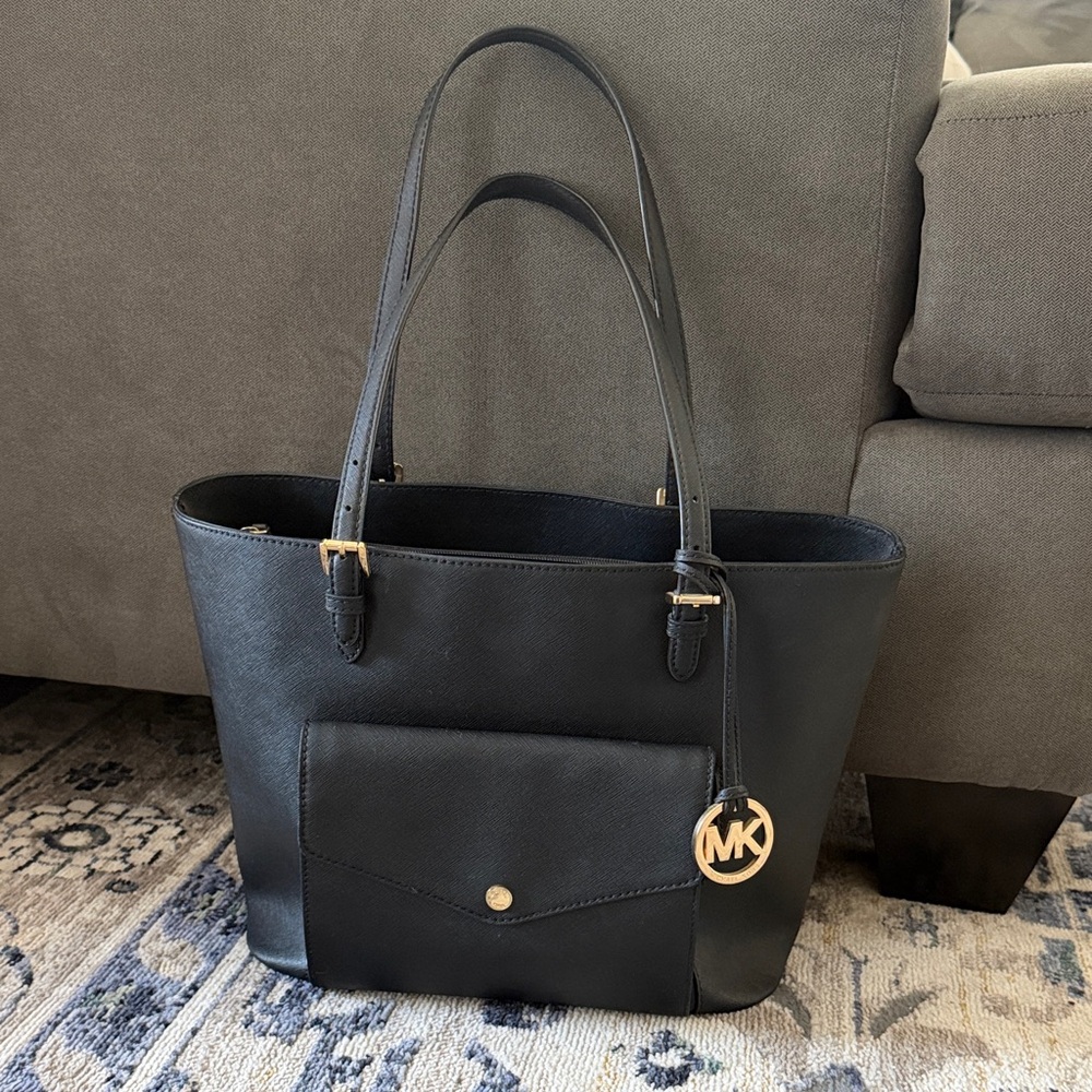 Michael Kors Black Leather Tote with Gold MK Charm